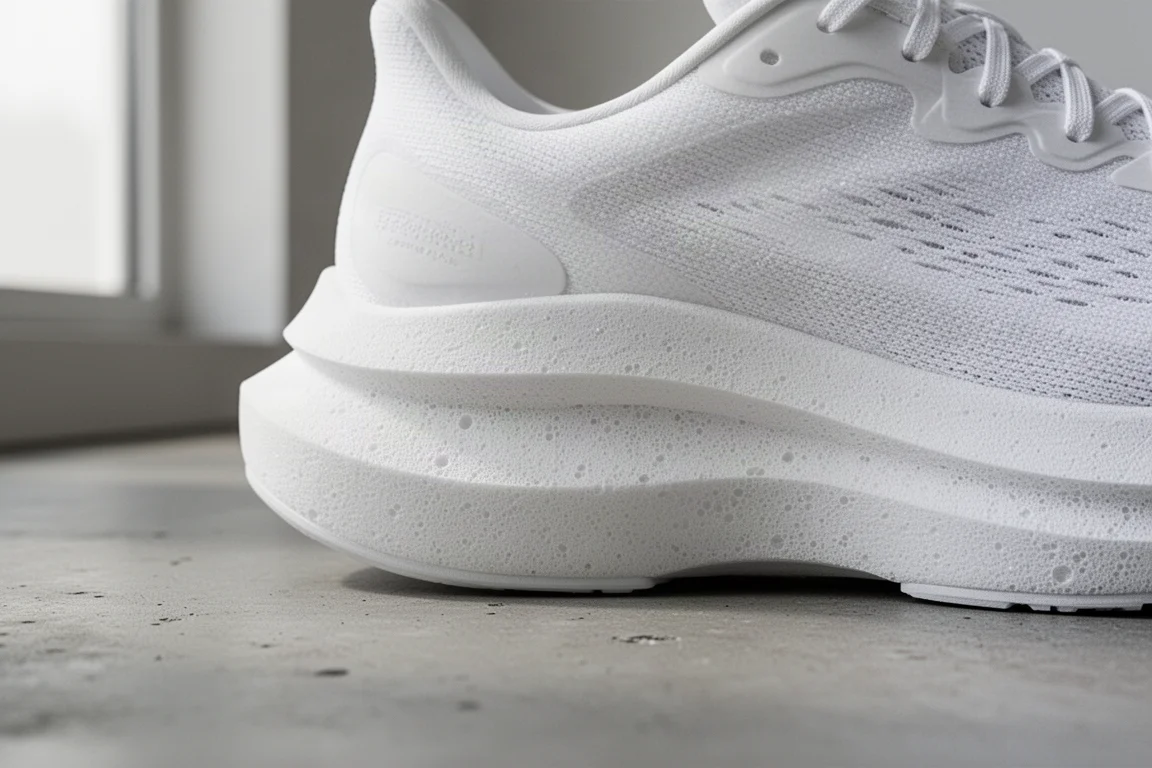 Primer plano del grueso apilamiento de espuma blanca en la mediasuela de una zapatilla de amortiguación máxima