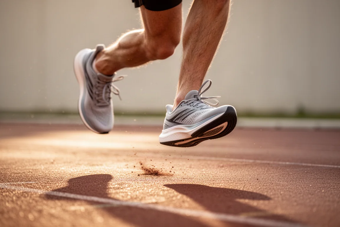 Pies de un corredor a mitad de zancada en una pista soleada con zapatillas ligeras de competición