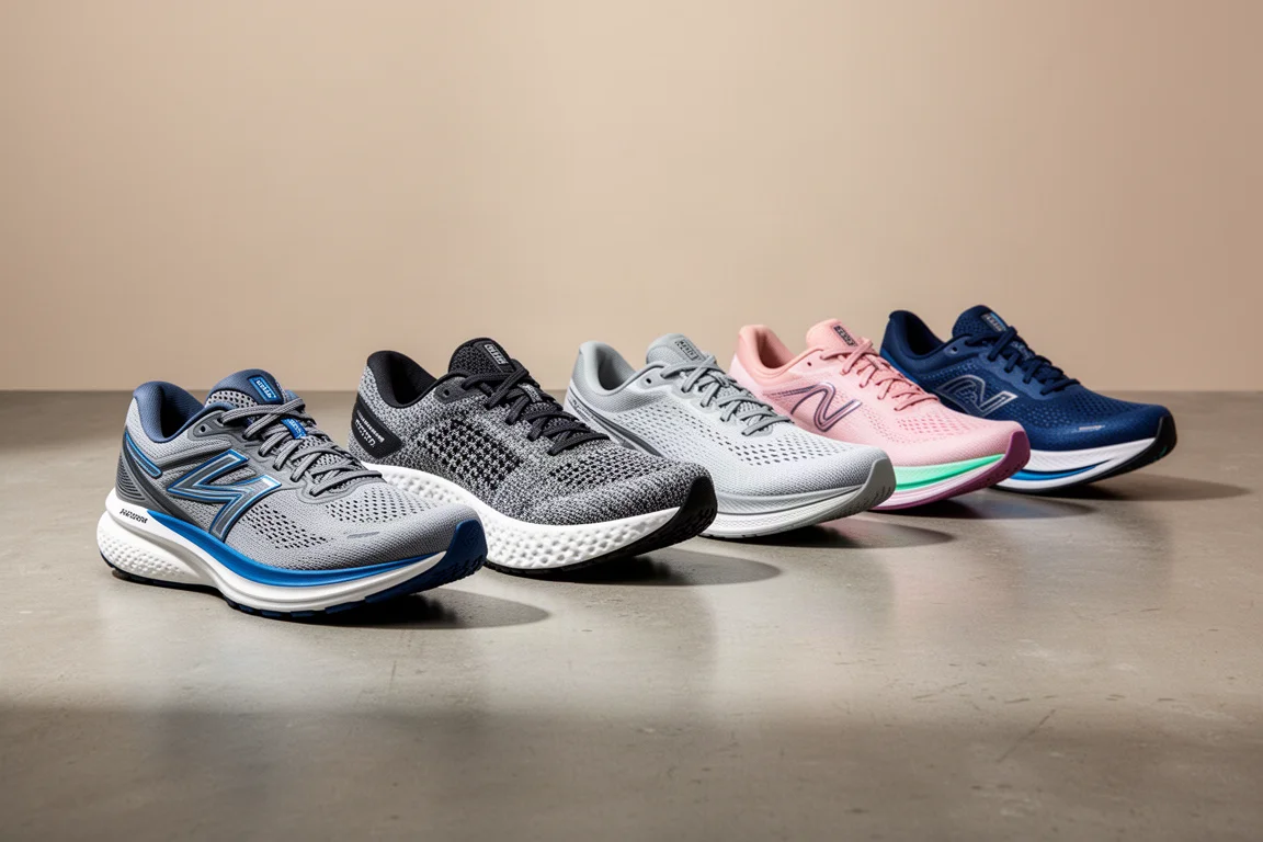 Six Puma Nitro running shoes arranged in a row on a concrete studio floor
