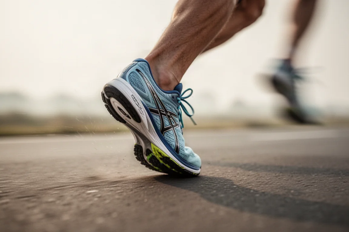 Pé de um corredor tocando o asfalto em um tênis de prova com placa durante uma maratona