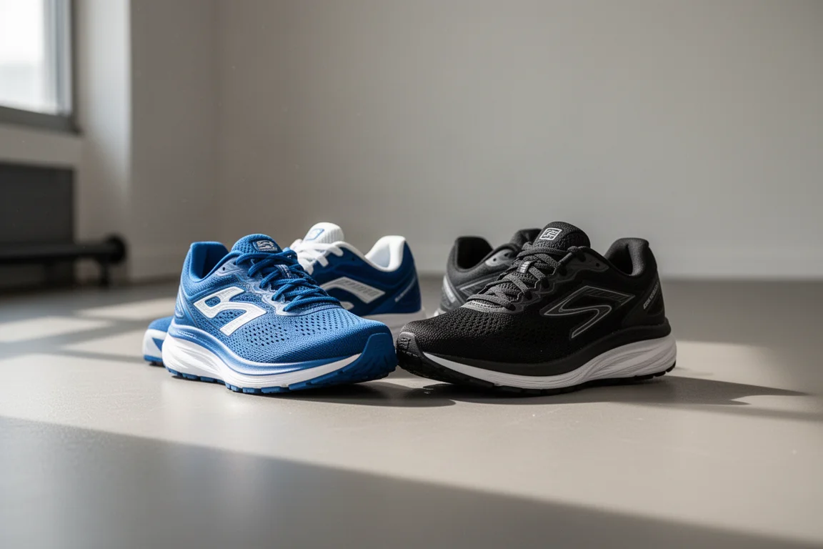 Fileira de treinadores diários de corrida azul e branco no chão de uma academia