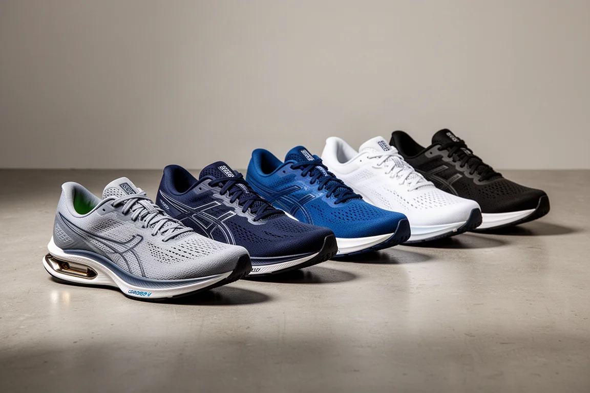 Six Puma running shoes arranged in a row on a concrete surface