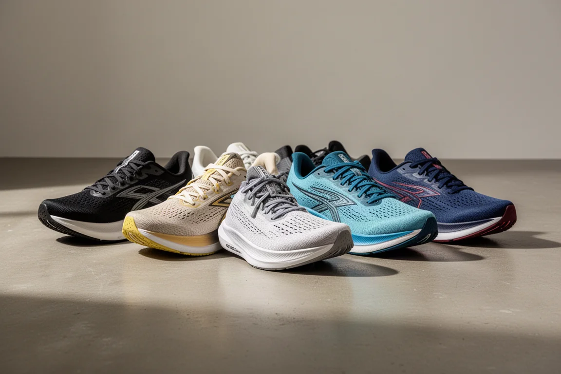 Six road running shoes arranged in a staggered row on a concrete studio floor