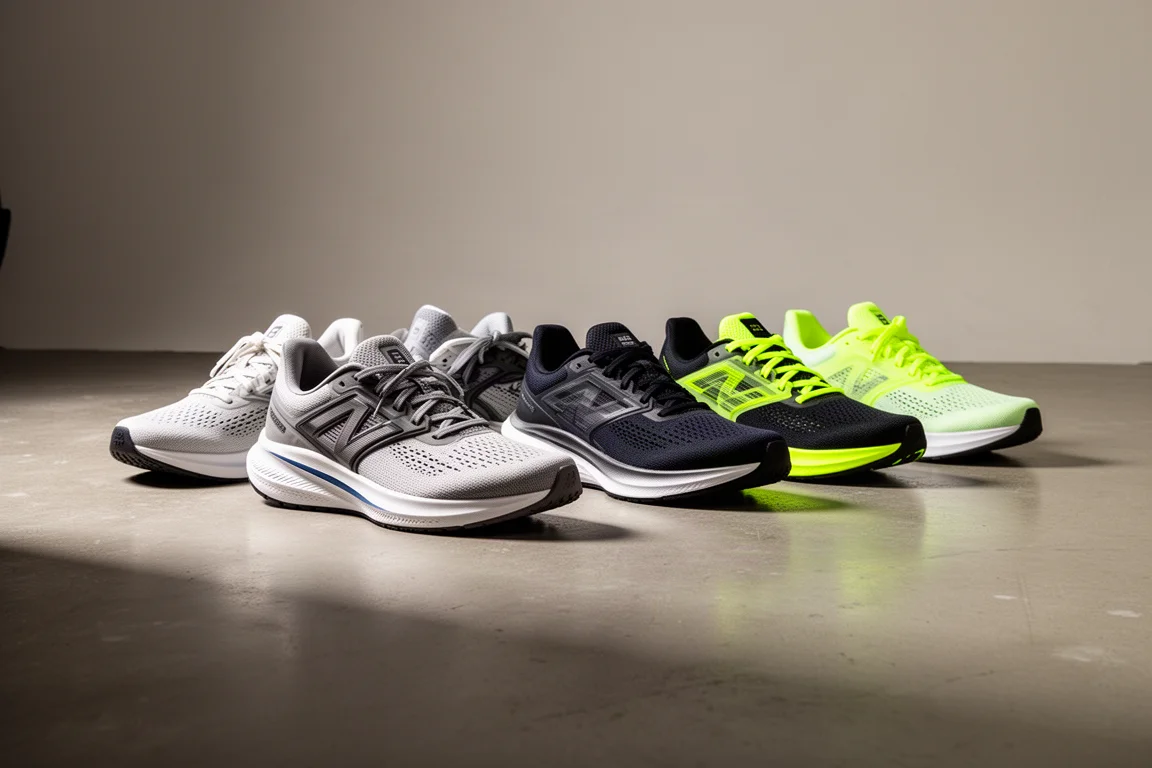 Row of seven modern running shoes on a concrete studio floor