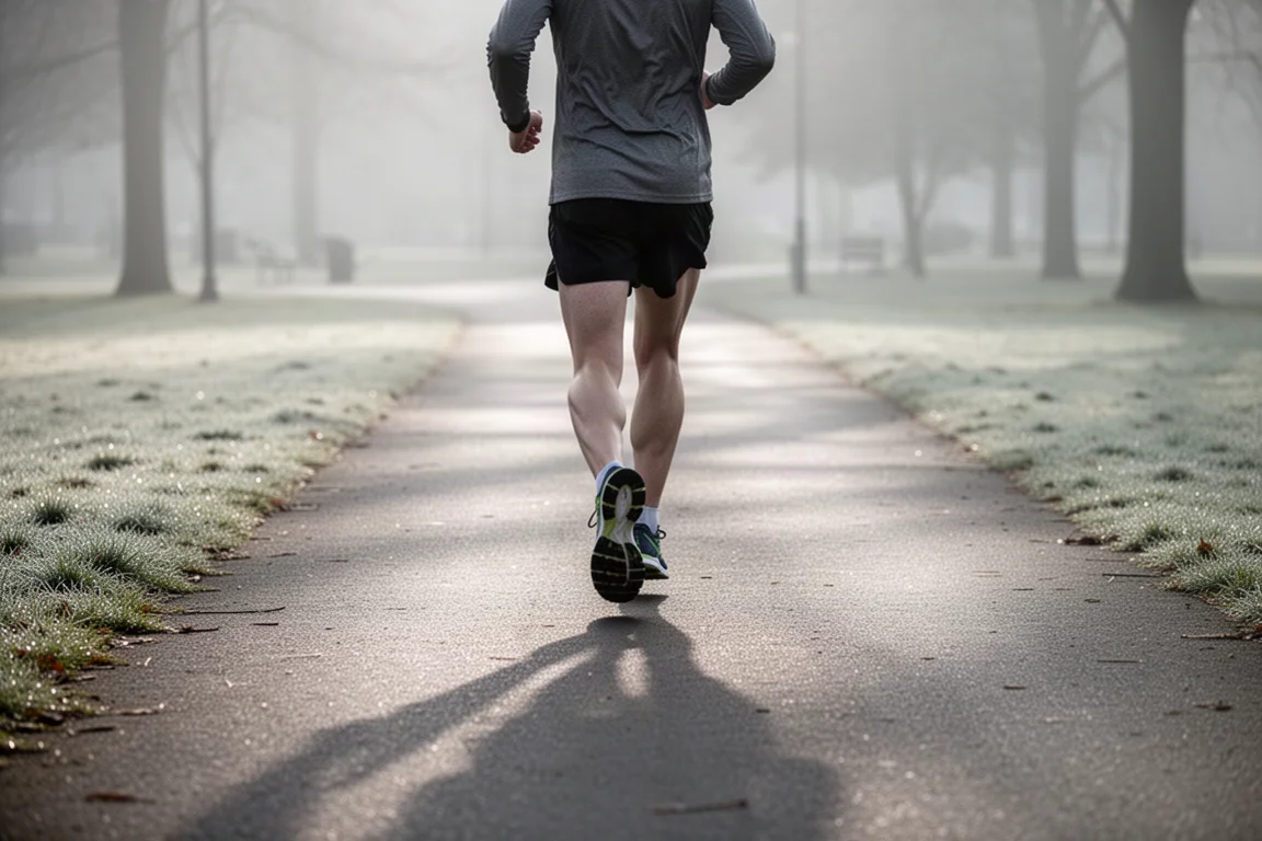 Un runner che trotterella a ritmo blando su un sentiero tranquillo di un parco nella lieve luce del mattino
