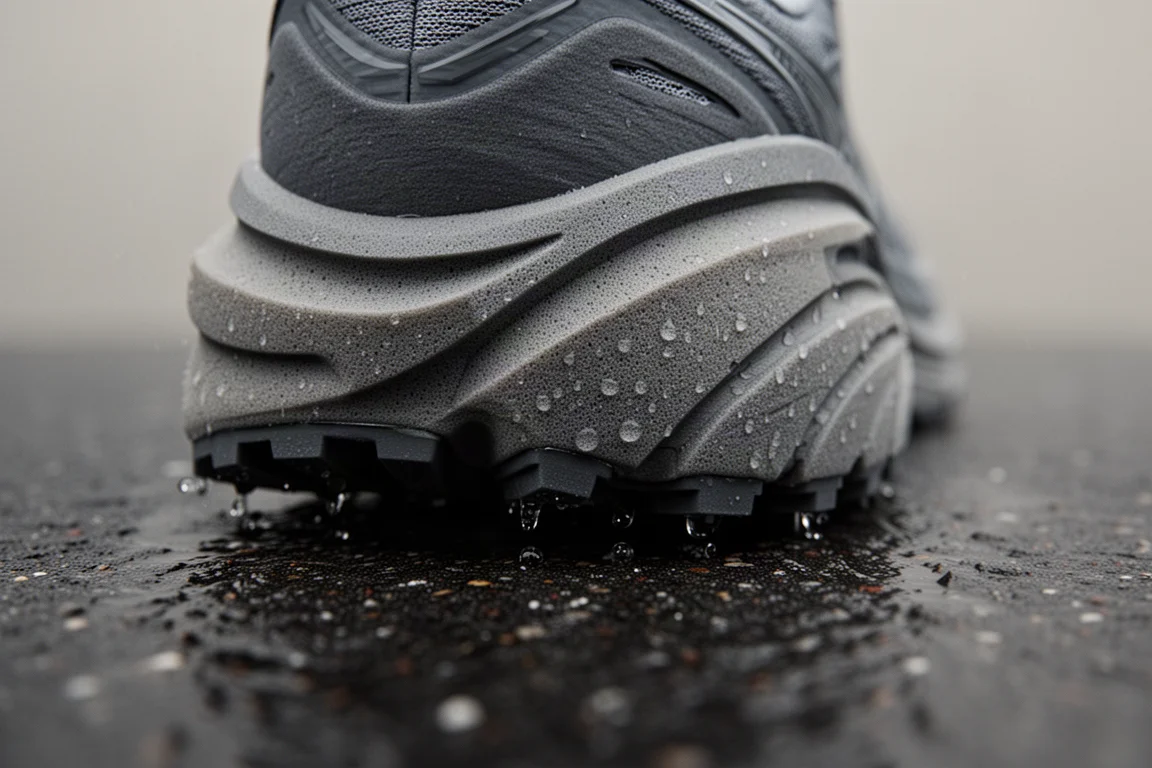 Primo piano di intersuola e battistrada di una scarpa running su asfalto bagnato