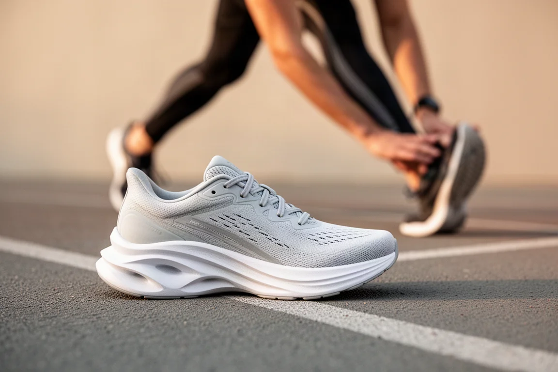 Un runner si allunga accanto a una scarpa running con stack elevato su una panchina ai bordi della pista