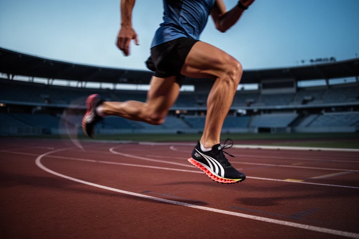 Un runner scatta in velocità su una curva della pista sotto i fari dello stadio