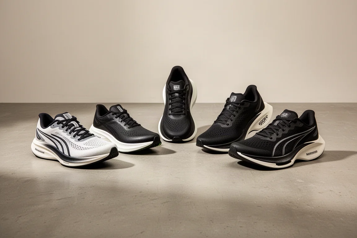 Six Puma running shoes of varying silhouettes arranged on a concrete studio floor