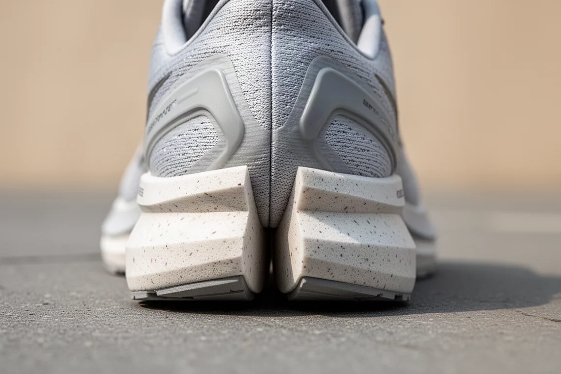 Close-up of a running shoe heel with a split, decoupled heel section resting on pavement