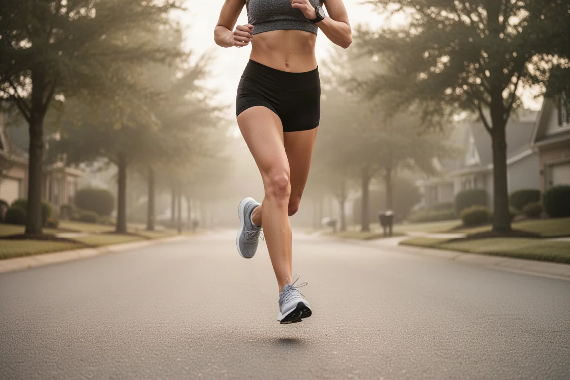 Female runner on a quiet suburban road in early morning light