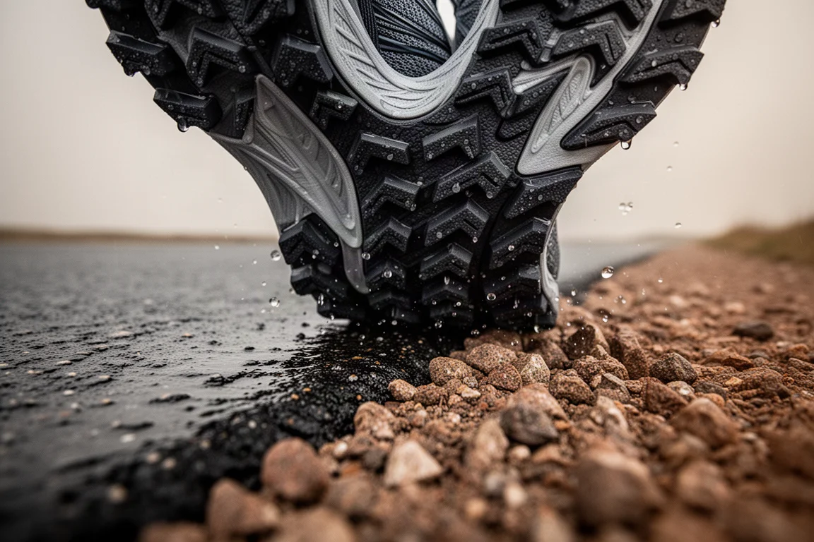 Running shoe outsole gripping wet mixed road and gravel trail surface