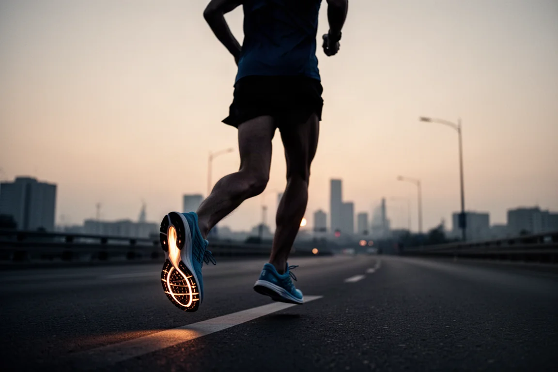 Runner finishing a long road run at dusk under soft city lights