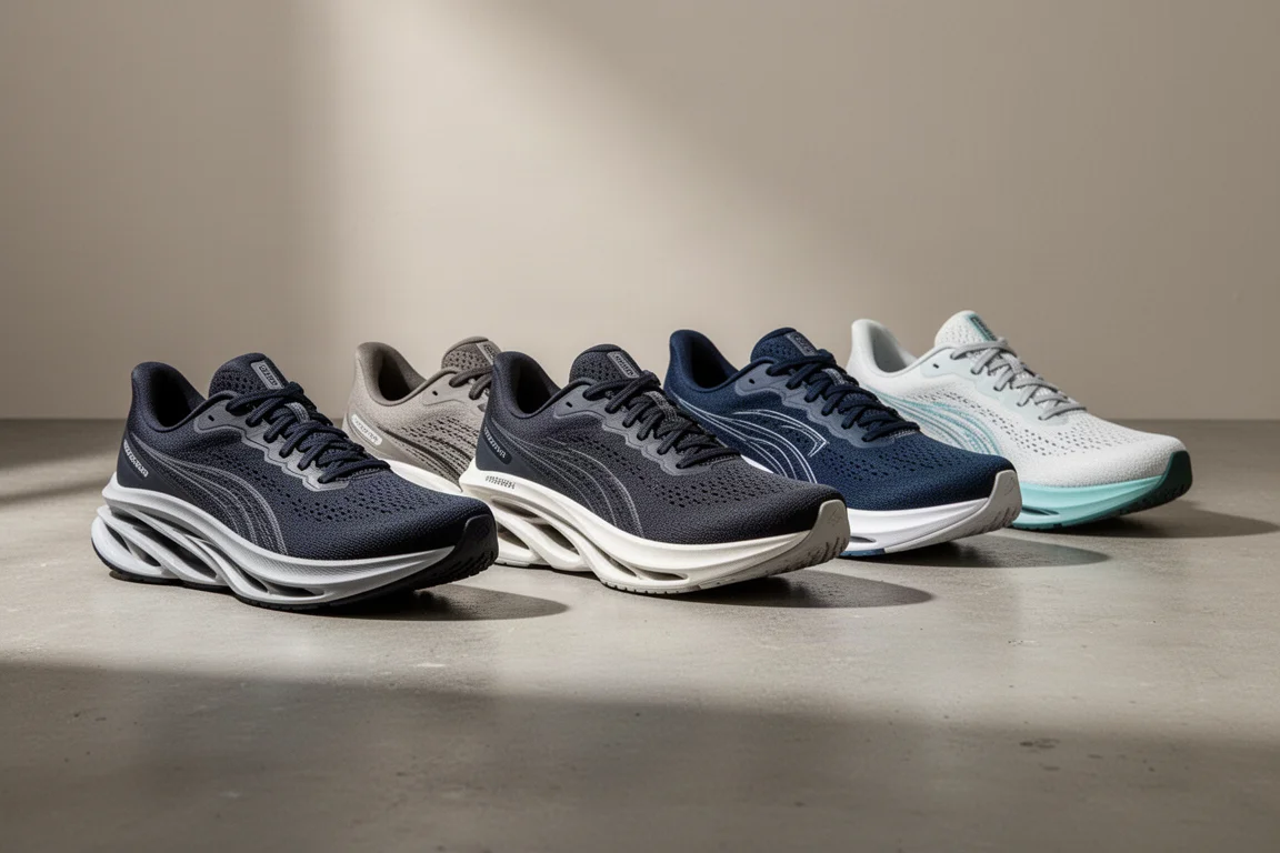 Lineup of five running shoes on a matte concrete surface