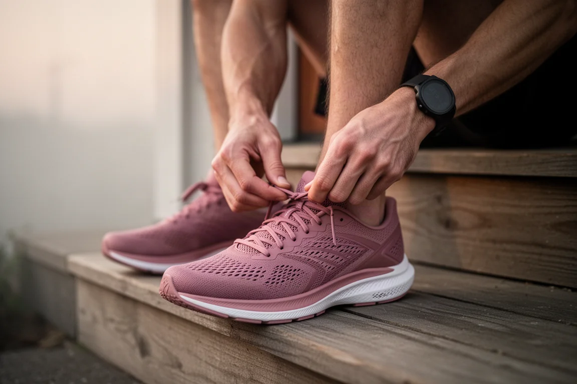 Hardloper veters een stoffig roze hardloopschoen op een drempel