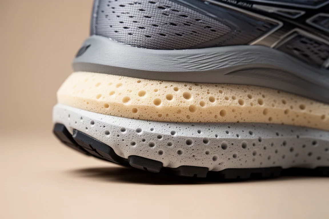 Gros plan sur une semelle intermédiaire à double densité d'une chaussure de running