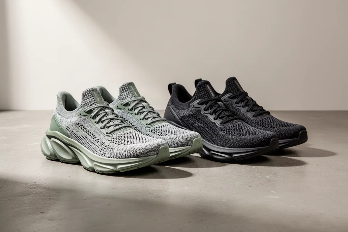 Two pairs of Puma Nitro running shoes side by side on a concrete surface