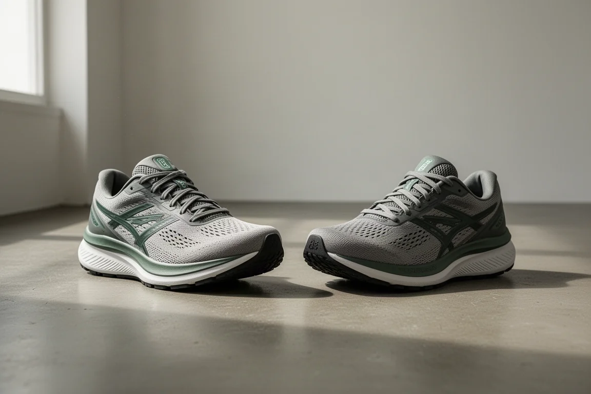 Deux chaussures de running neutres posées côte à côte sur un sol en béton