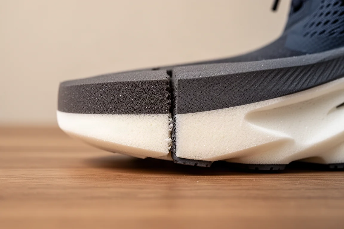 Gros plan sur la semelle intermédiaire double densité d'une chaussure de running montrant deux couches de mousse
