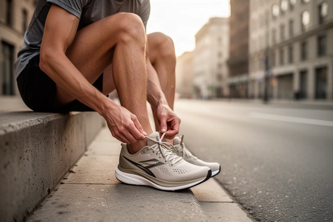 Un coureur qui lace une chaussure de running dans une rue urbaine calme
