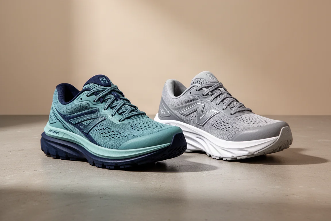 Due scarpe da running affiancate su una superficie di cemento opaco