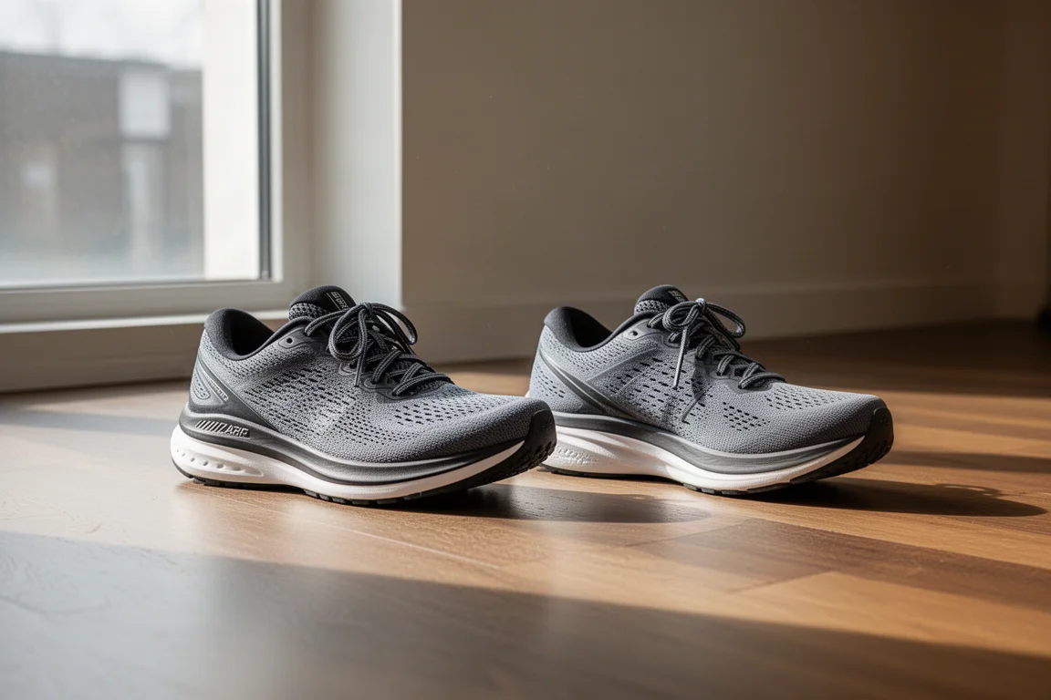 Due scarpe da running affiancate su un pavimento in legno alla luce naturale di una finestra