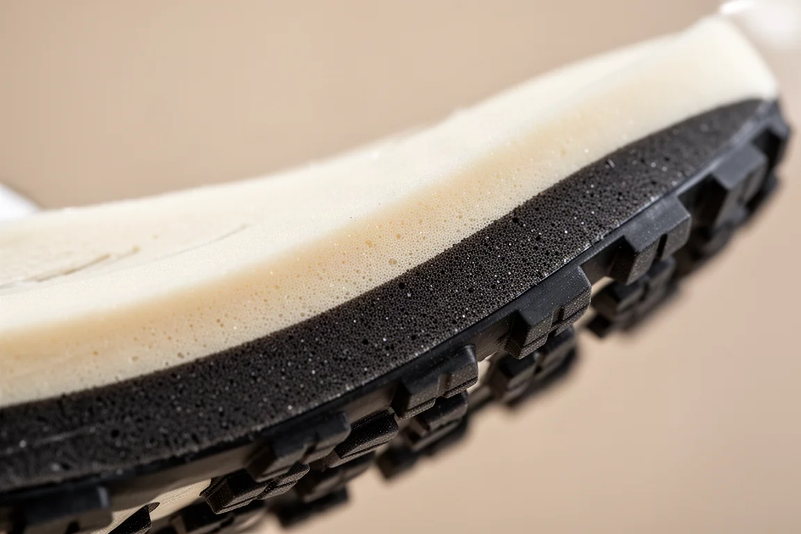 Dettaglio dell'intersuola di una scarpa da running con strati di schiuma e grip della suola