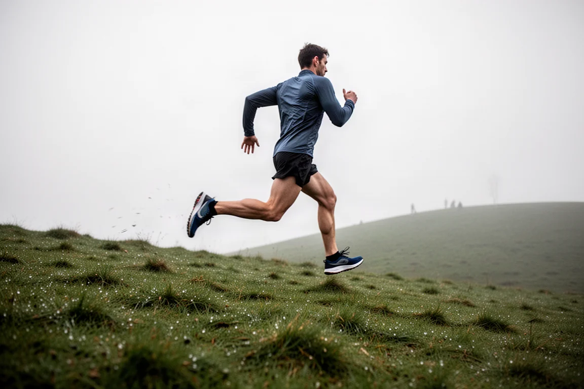 Runner che completa ripetute in salita su un pendio erboso con luce coperta