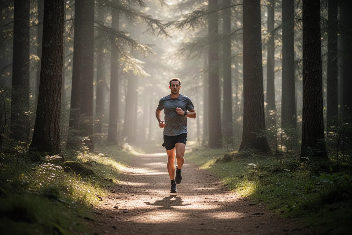 Runner su un facile trail nel bosco con la delicata luce del mattino tra gli alberi