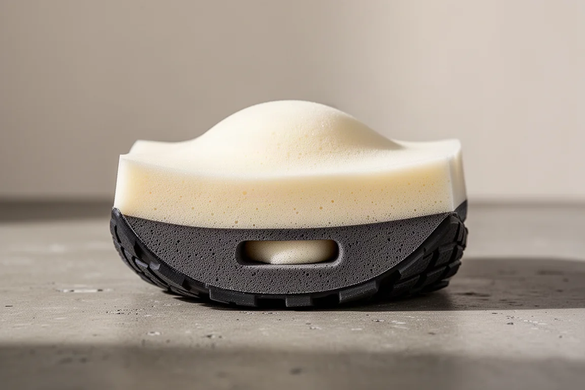 Close-up of a dual-layer running shoe midsole showing two different foam layers