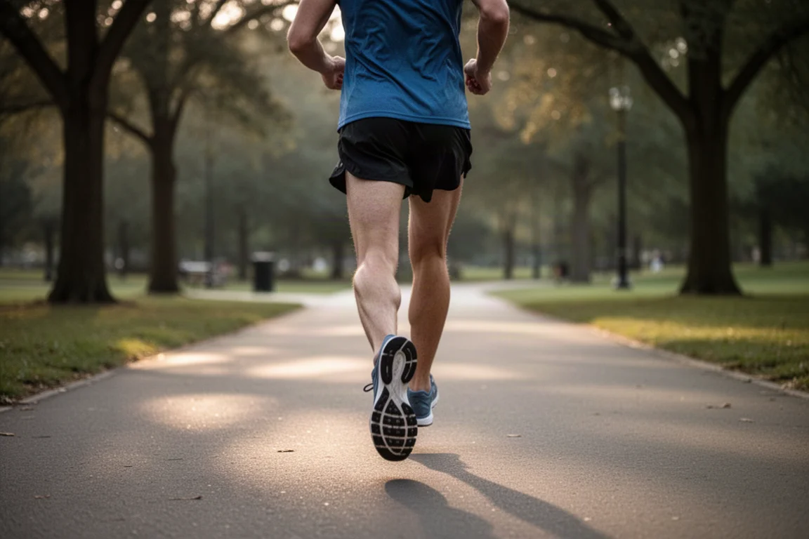 Runner cruising on a paved path in soft evening light