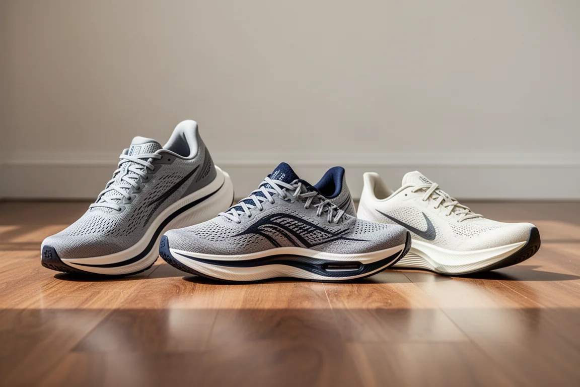Row of three running shoes arranged on a wooden floor