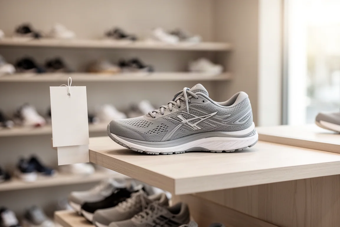 Running shoe next to a price tag on a retail shelf