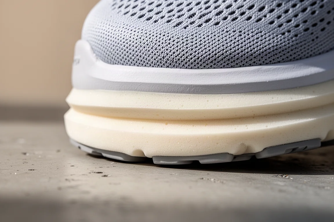 Nahaufnahme einer zweidichten Laufschuh-Mittelsohle mit geschichtetem Schaum