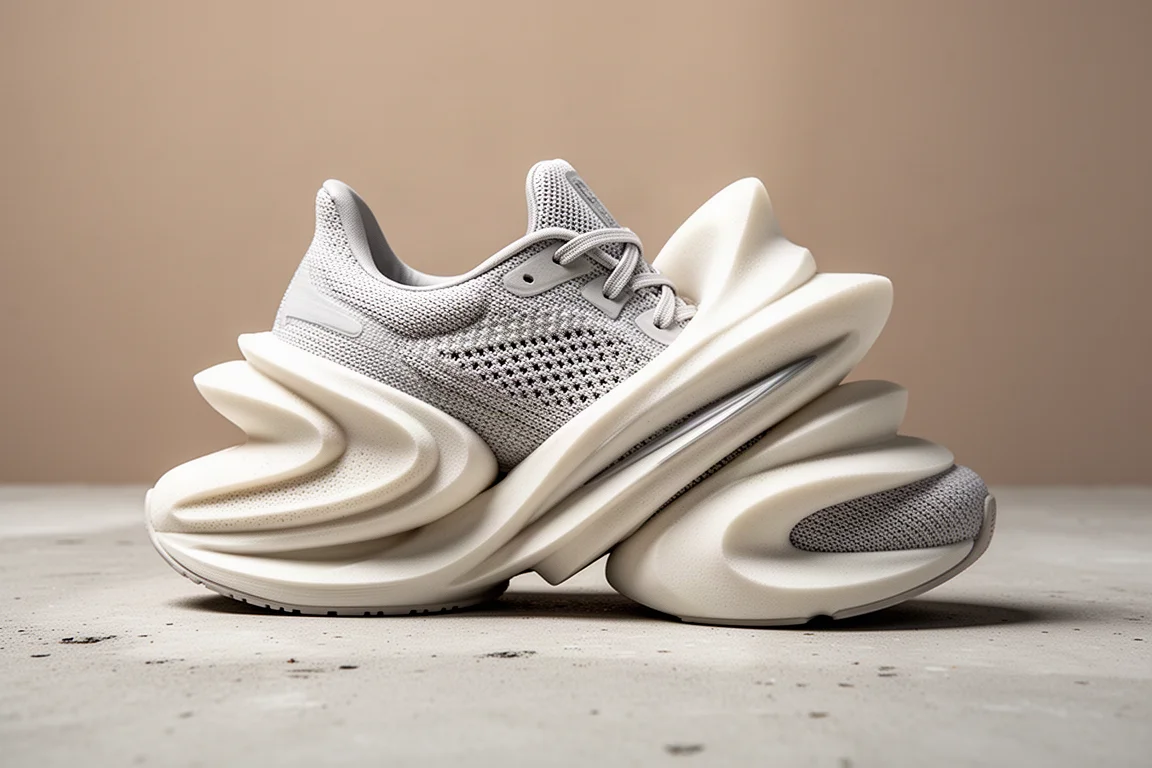 Hoch gebauter Laufschuh mit Schaumstoffwänden auf einer Studio-Oberfläche