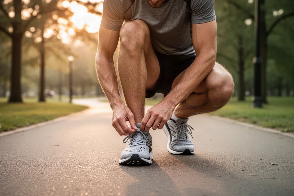 Un corredor se ata las cordones de unas zapatillas de running amortiguadas en un sendero pavimentado tranquilo