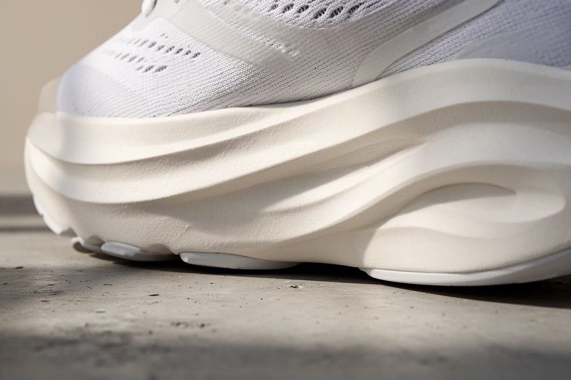 Primer plano de la espuma de mediasuela infusionada con nitrógeno en una zapatilla de running