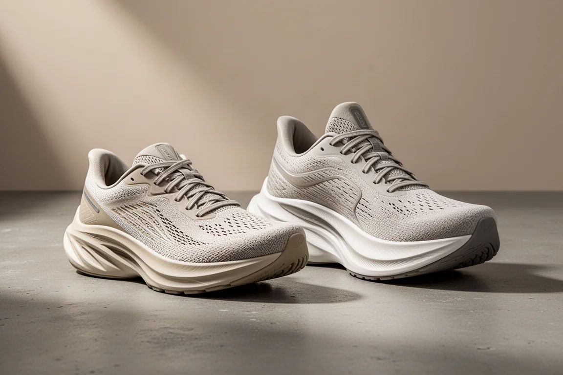 Two Puma running shoes side by side on a concrete surface