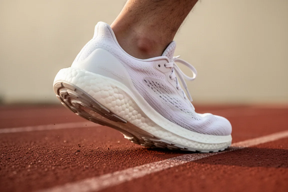 Close-up da entressola amortecida de um tênis de corrida comprimindo em uma pista