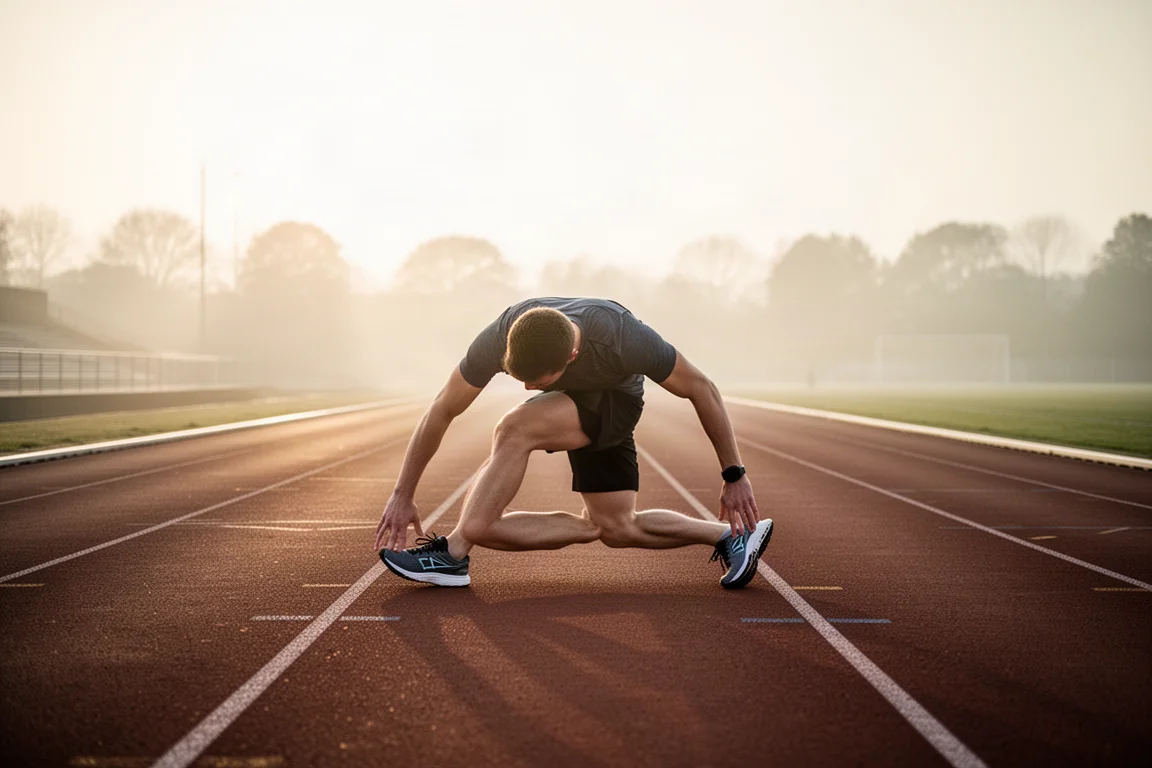 Corredor aquecendo para treino de intervalos em uma pista de atletismo