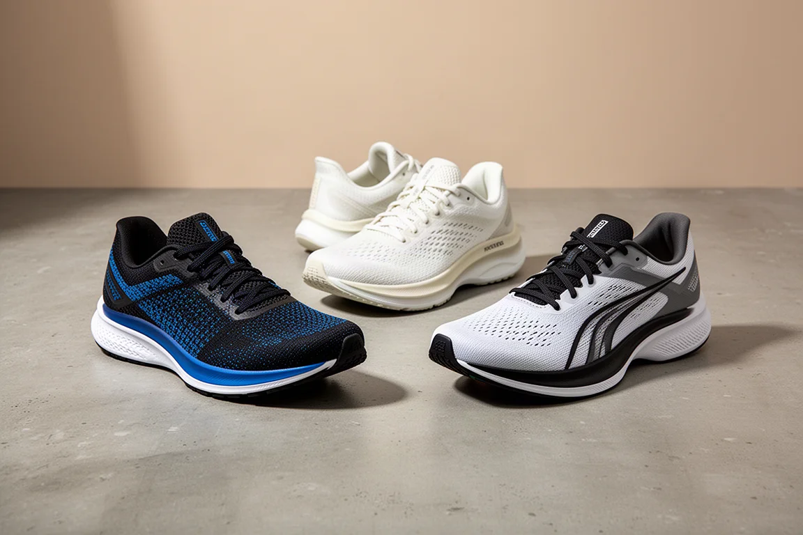 Three daily running shoes arranged on a matte concrete surface