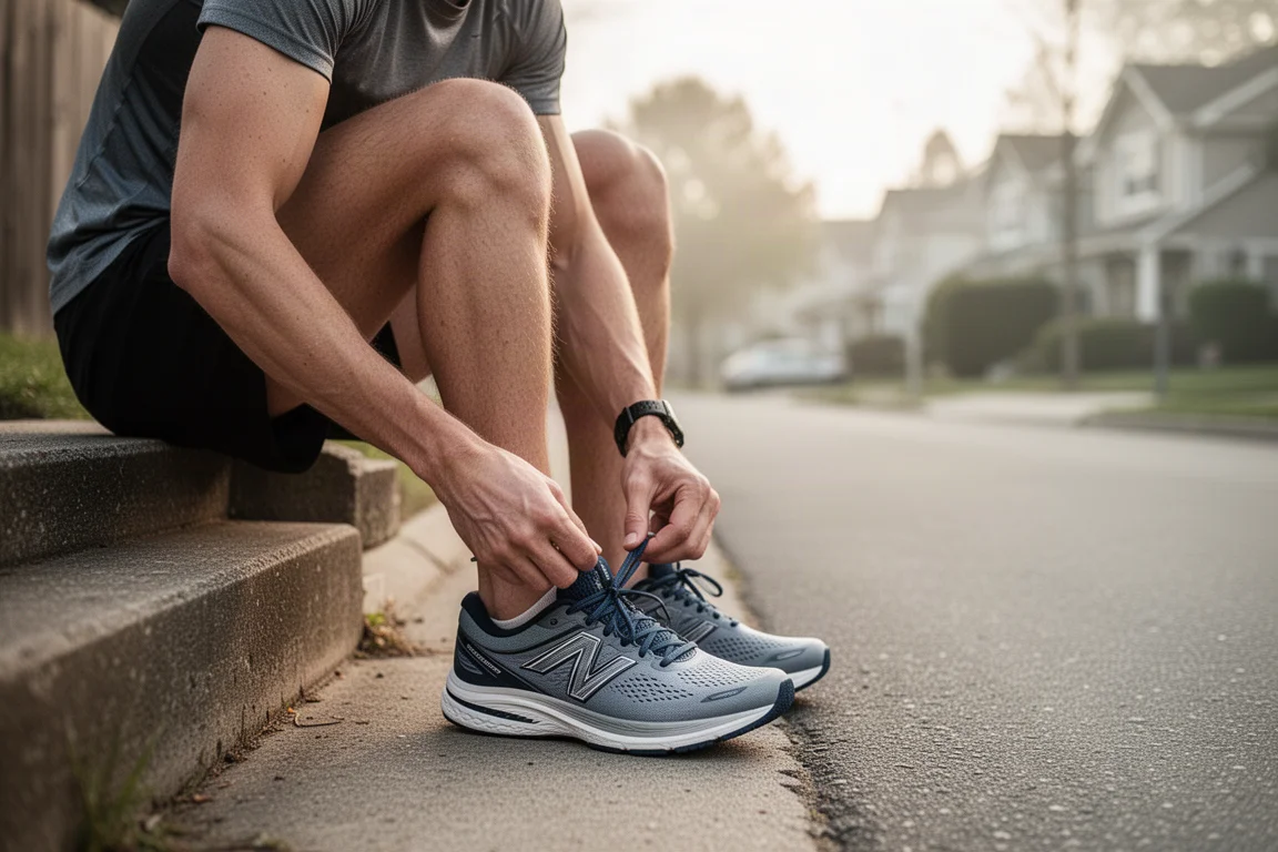 Un runner che allaccia le daily trainer su una tranquilla strada di periferia nella luce del mattino