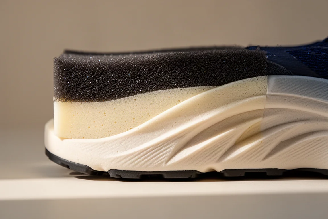 Primo piano di una intersuola a doppio strato di una scarpa da running con schiuma inferiore più ferma e strato superiore più morbido