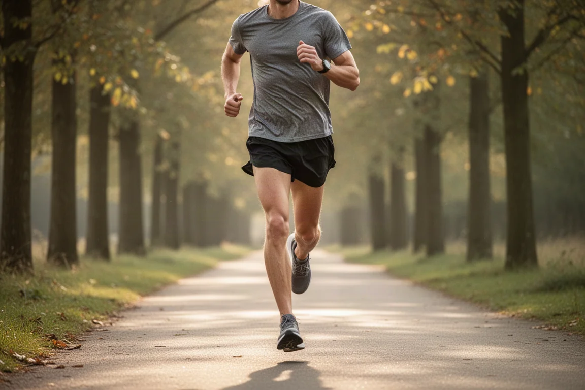 Un runner che corre a ritmo facile lungo un viale alberato nella luce soffusa del pomeriggio