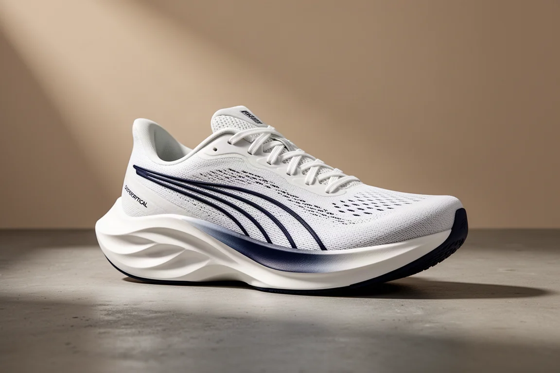 Laufschuh im Retro-Stil mit blau bis seegrün verlaufender Mittelsohle auf Betonoberfläche