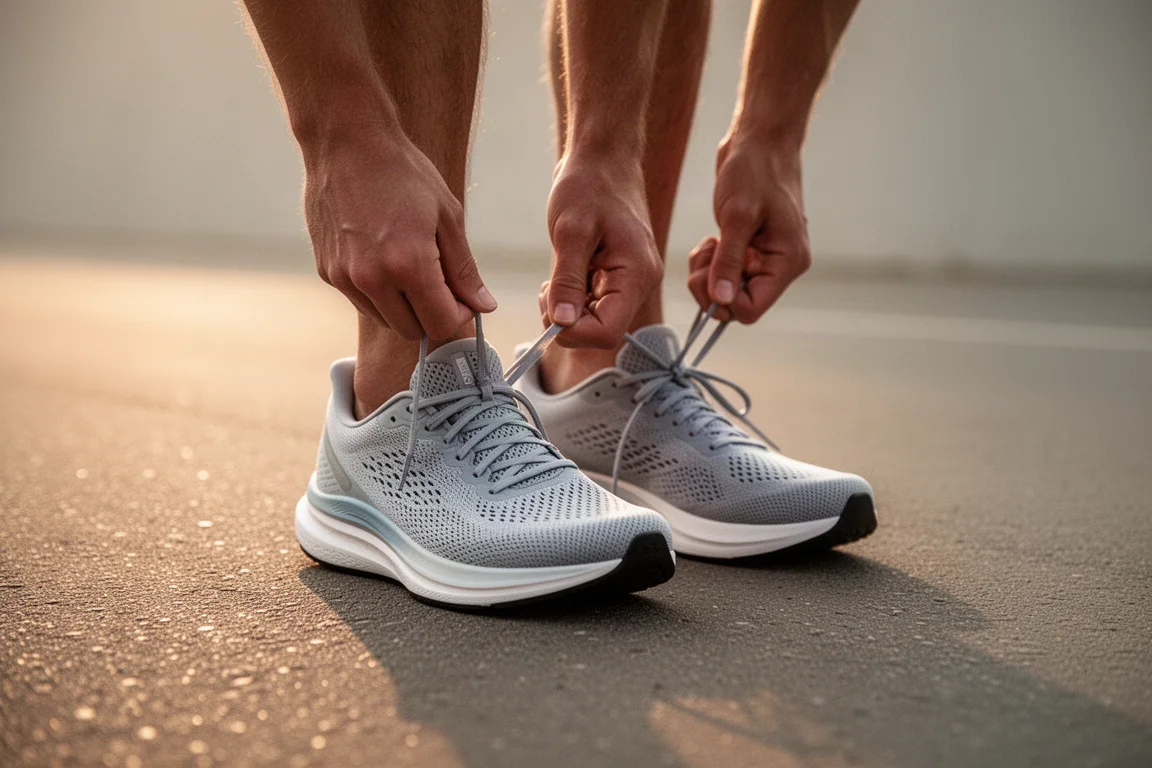 Corredor atándose los cordones de zapatillas ligeras de entrenamiento diario antes de una carrera suave
