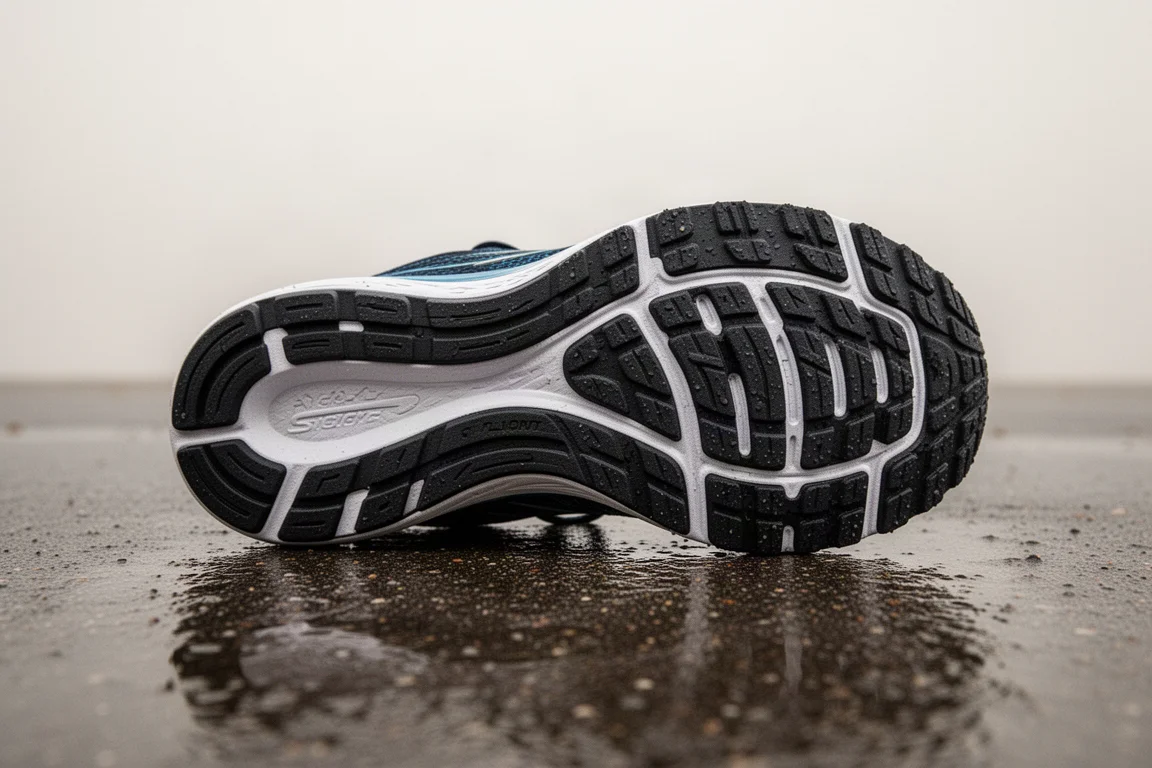 Suela exterior de una zapatilla de running con dibujo de agarre de goma sobre asfalto mojado