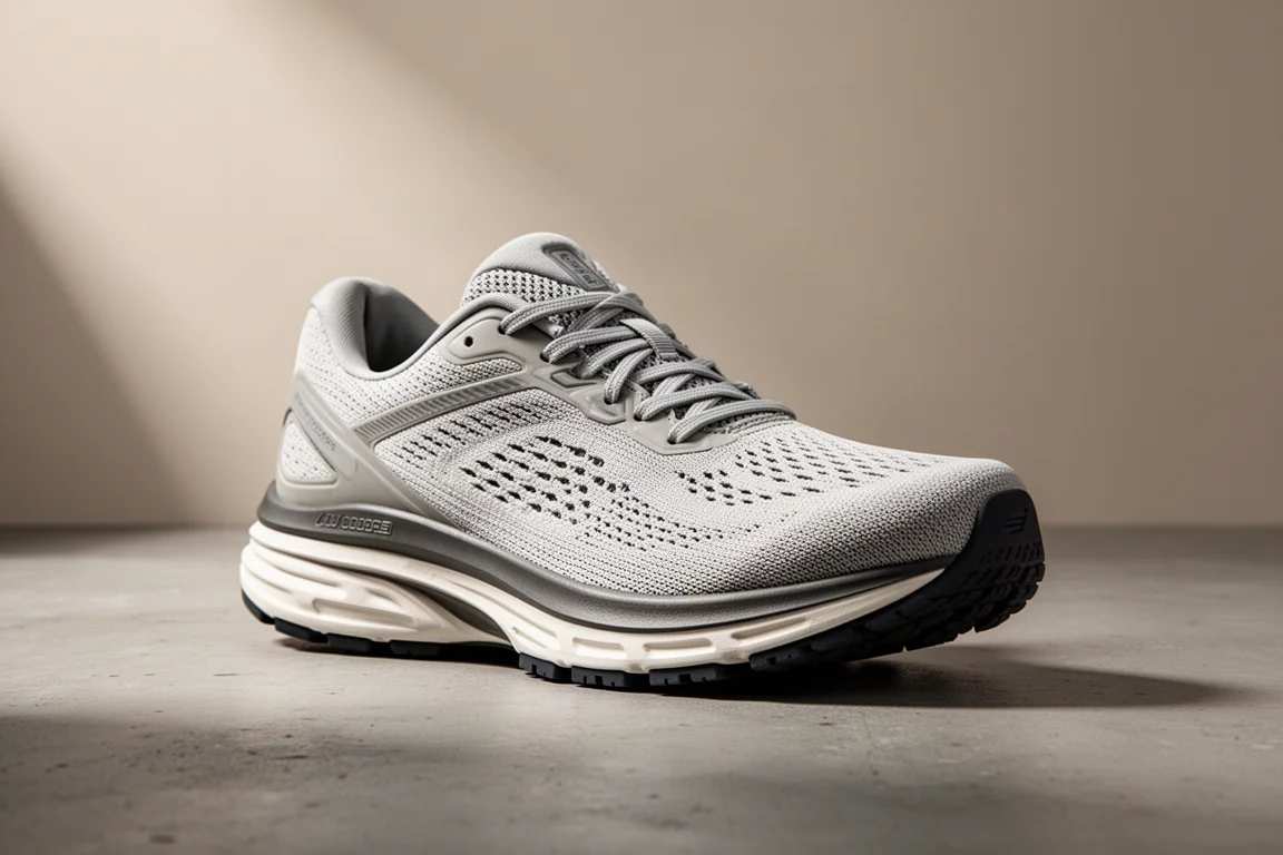 Scarpa da running neutra con suola intermedia in schiuma e tomaio in mesh su superficie di cemento