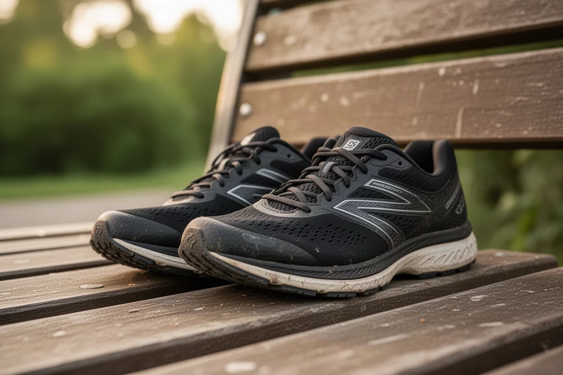 Tênis de corrida alinhados em um banco após uma corrida longa