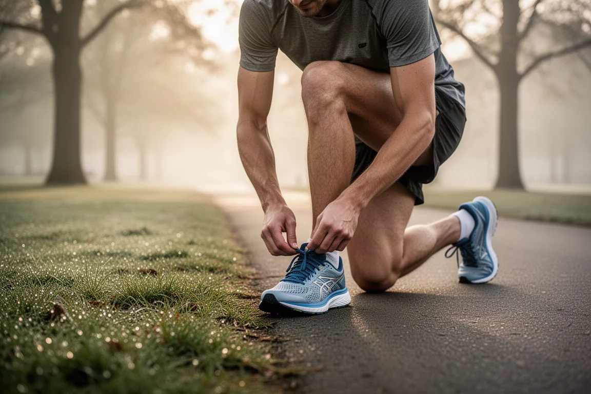 Un runner allaccia le scarpe all'inizio di un sentiero in un parco nella luce del mattino